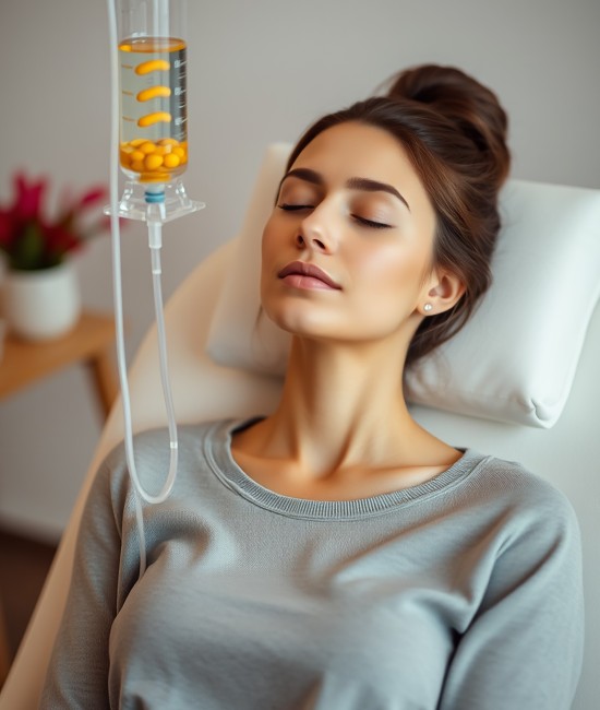 portrait-mindful-woman-sitting-armchair-closed-eyes-while-receiving-iv-infusion-with-vitamins-cosmetology-medicine-concept (2) Portrait of mindful woman sitting in armchair and closed eyes while receiving IV infusion with vitamins Cosmetology and medicine concept